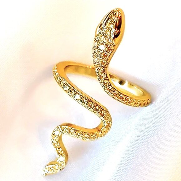 Snake Wrap Ring Sparkle Zircon Rhinestones Gold Tone Goth Punk Pop Spiral - Picture 2 of 3